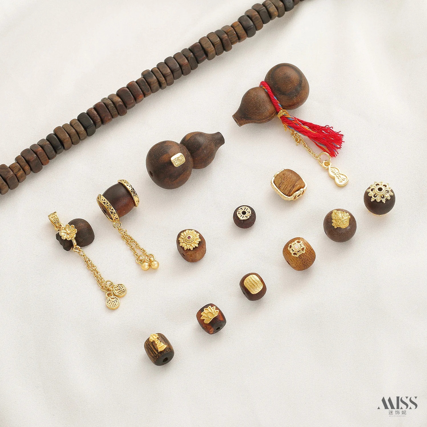 Cuentas espaciadoras chapadas en oro de 18K con diseño de calabaza de sándalo negro, bolsa de dinero y rodajas de madera de agar natural, accesorios de joyería DIY