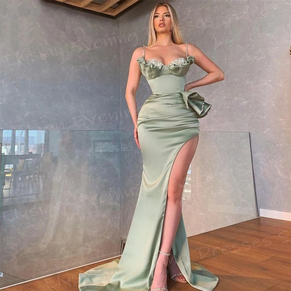 

Graceful Green Women's Mermaid Beautiful Evening Dresses Charming Spaghetti Strap Sleeveless Prom Gowns High Split Robe De Bal