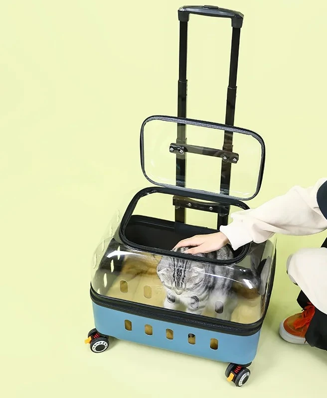 Wheeled Transparent Pet Travel Carrier Backpack & Trolley 2-in-1 Breathable Cat Dog Cage Trendy Flight Case