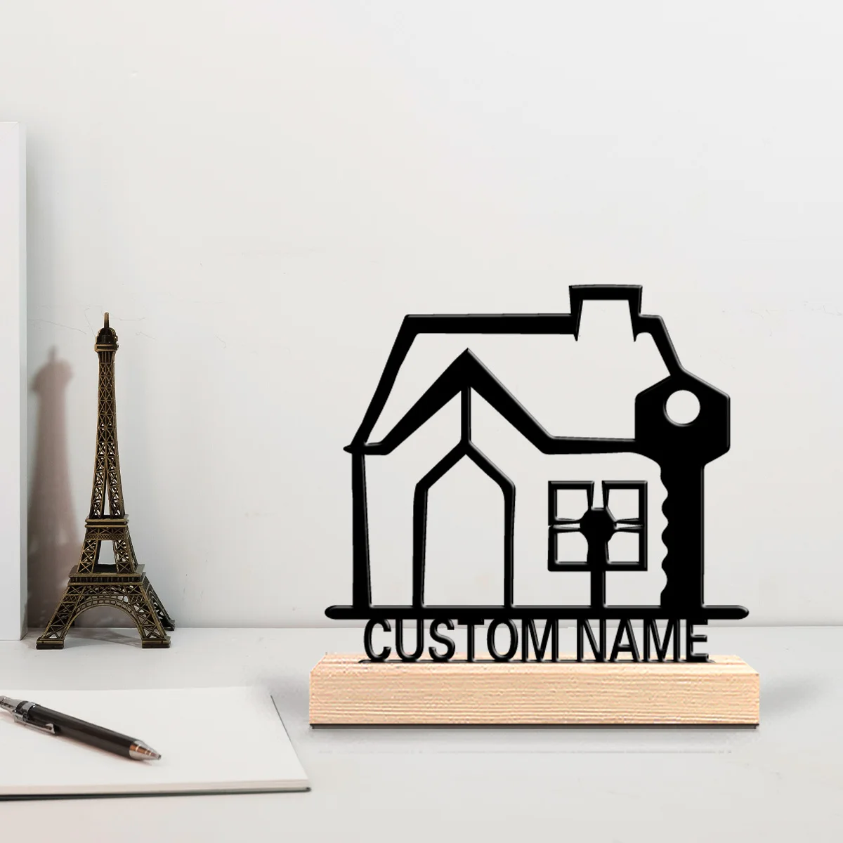 1pc real estate industry Customized Letter Tin Statue Metal Ornament Crafts With Wood Base Metal Statue Study Desktop Decoration