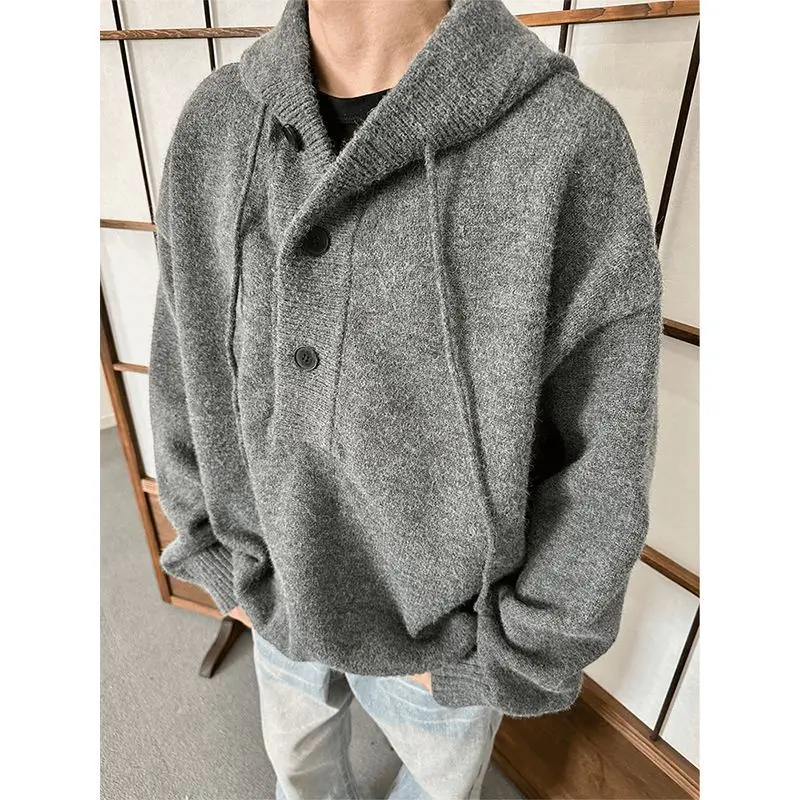 

American retro gray hooded sweater men's autumn and winter trendy brand lazy high-end knitted sweater jacket men clothing