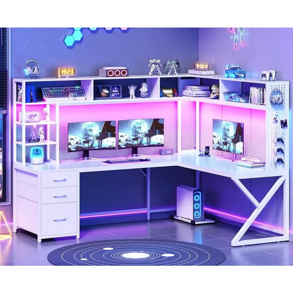 L Shaped Gaming Desk with Storage Shelves and Hutch, Convertible 94.5" Computer Desk with Drawers, Corner Computer, Customized