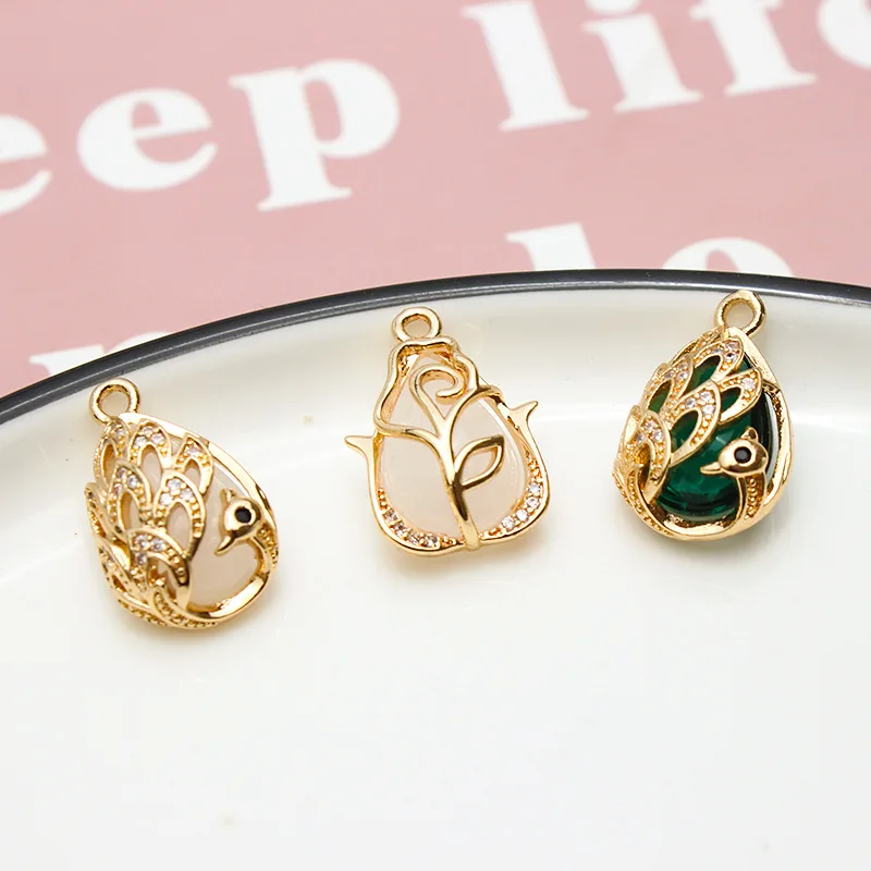 1pcs Diy Jewelry Accessories Pure Copper Gold-plate Inlaid Zircon Flower Swan Ball Pendant Necklace Earring Tail Pendant Charms