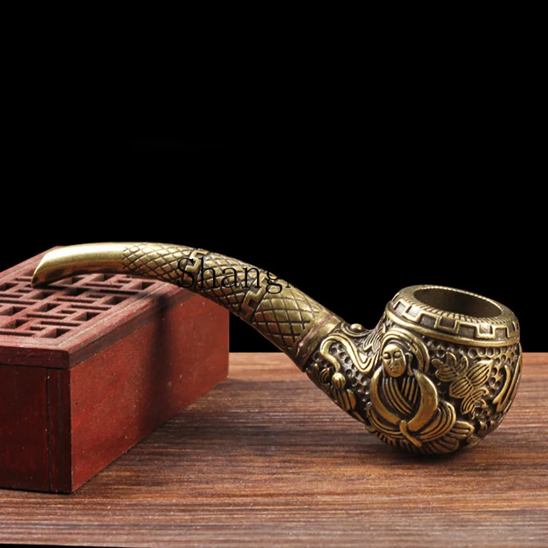 DSA Brass Buddha Pipe Men's Thick Silk Cleanable Cigarette Holder Unfiltered Portable Dry Cigarette Bag