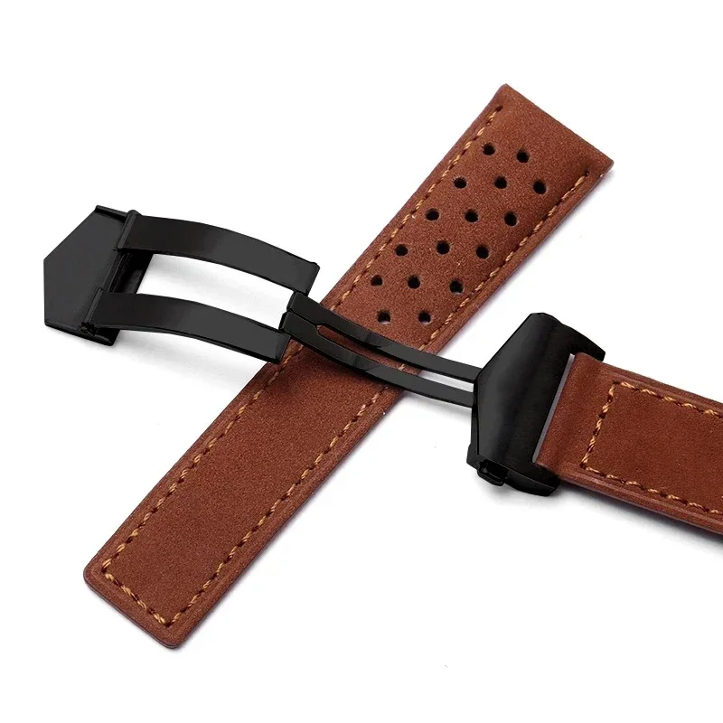 Genuine Leather Watchband For TAG Heuer Men's Frosted Air Hole Leather Folding Clasp 20mm 22mm 24mm Grey Black Brown Watch Strap