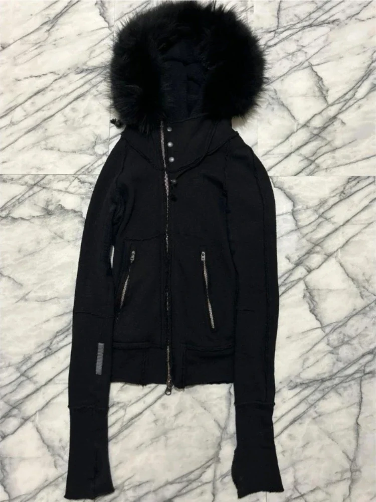 

Японские винтажные меховые черные куртки с капюшоном, новинка 2025 года, универсальные короткие женские куртки Y2k, облегающие топы на молнии с длинными рукавами Mujer