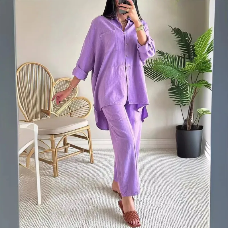 Autumn Lapel Long Sleeved Shirt Long Pants Two-piece Set For Women 2025 New Cotton And Linen Shirt Loose Trouser Outfits 2PCS