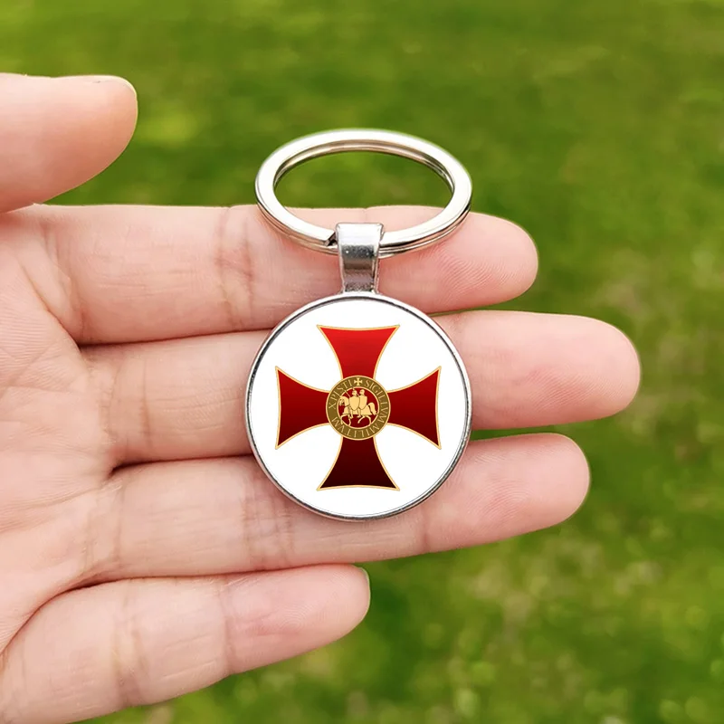 FIMAO Knights Templar Red Cross Keychain Army Crusade Solomon Freemason Symbol Glass Gem Metal Key Ring Holder Jewelry Gifts