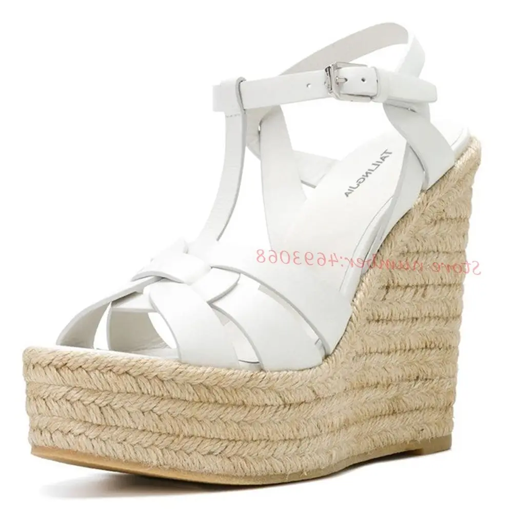 T-strap Wedge Platform Sandals Women Braided High Heels Height Increasing Peep Toe Summer Leather Shoes Bukcle Strap Sandals