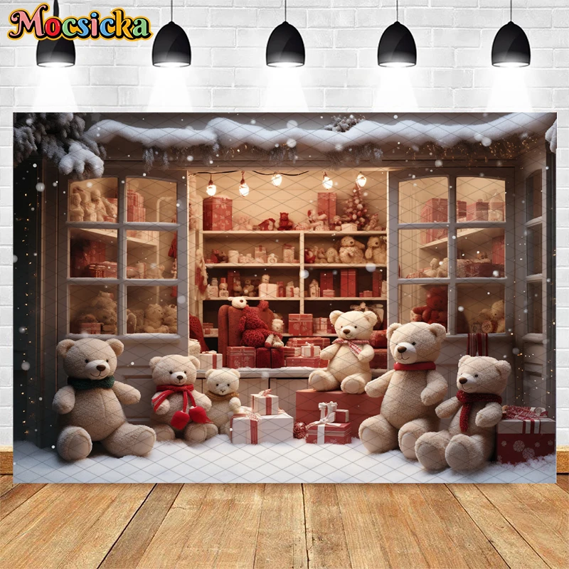 Mocsicka-Fond de photographie de Noël d'hiver, fenêtre, magasin de jouets, ours mignon, enfant, fête de famille, décor de portrait, toile de fond, studio photo