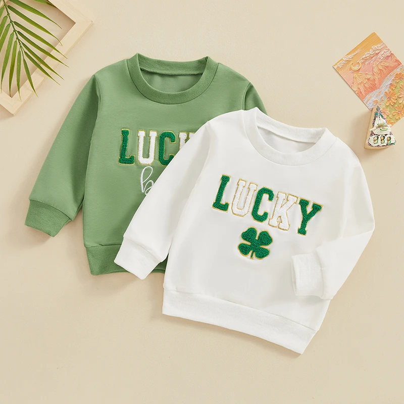 

Toddler Baby Irish Festival Sweatshirt Fuzzy Letter Embroidery Long Sleeve Round Neck Pullover Loose Tops