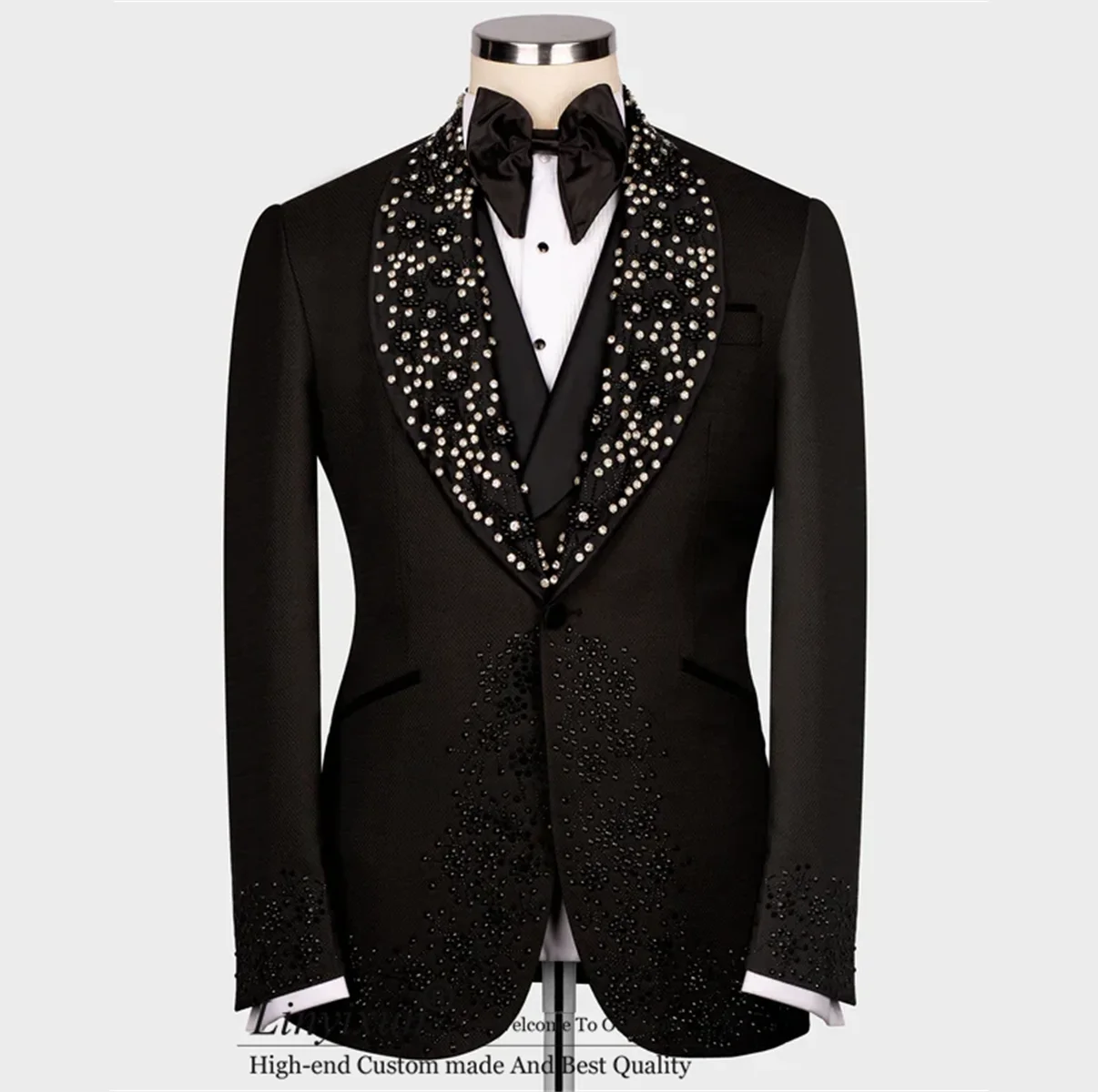 럭셔리 남성 정장 크리스탈 비즈 웨딩 신랑 턱시도, 숄 라펠, 남성 무도회 블레이저, 맞춤형 3 피스 세트