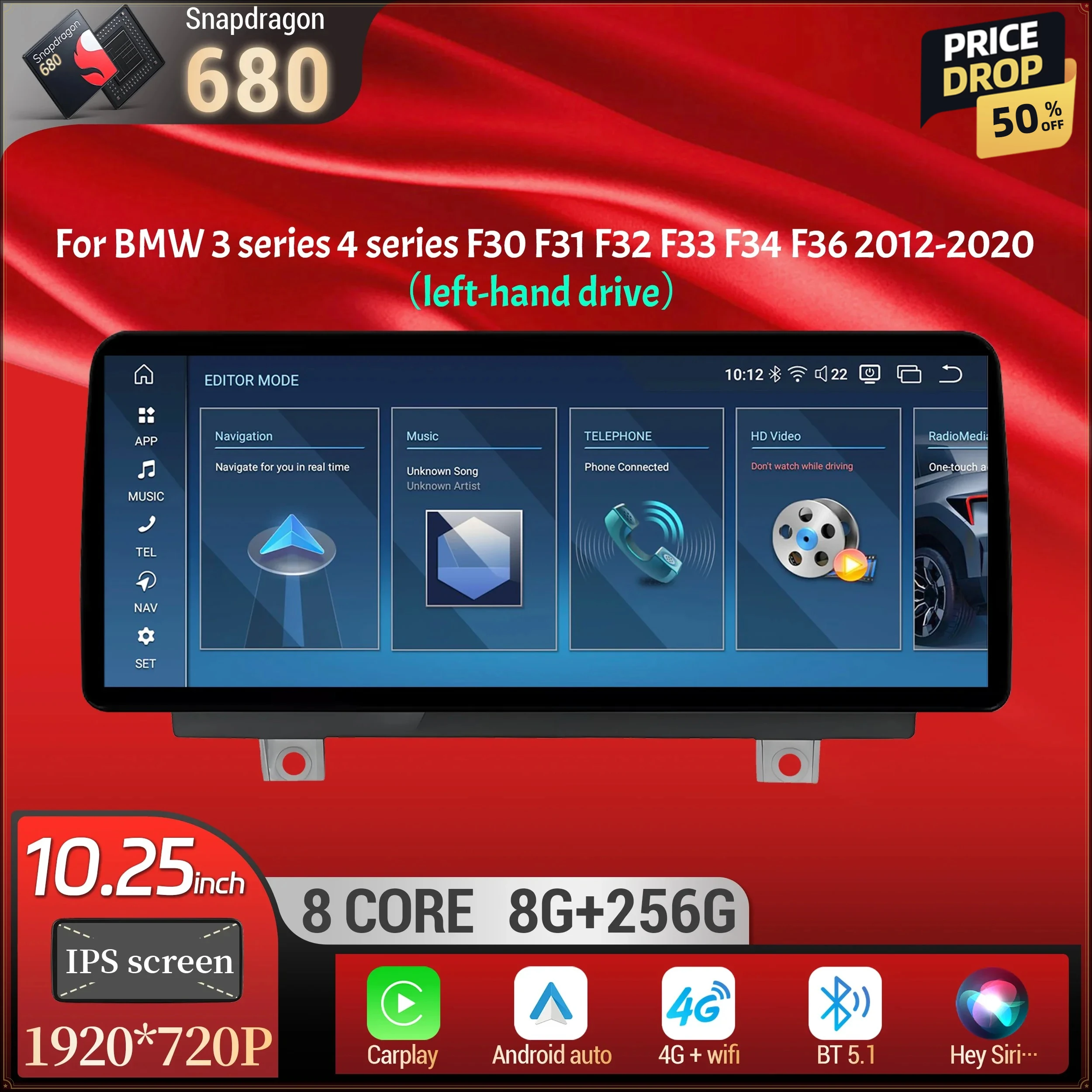 

10.25 inch LHD Android 14 Car Radio BT Carplay Snapdragon 680 Screen For BMW 3 series 4 series F30 F31 F32 F33 F34 F36 2012-2020