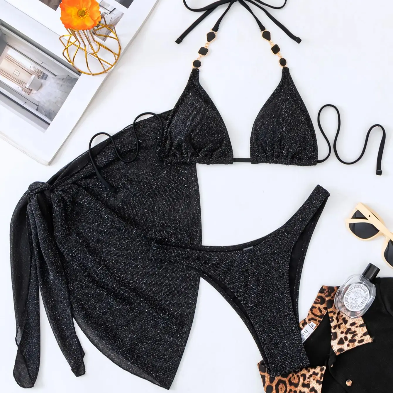 

Новый сексуальный комплект бикини DEKA с черной цепочкой и стразами, 3 предмета, купальник с кристаллами, модный купальный костюм с ремешками для женщин