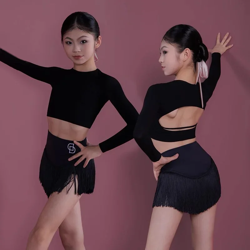 

Spring Latin Dance Practice Performance Dress for Girls, Long Sleeve Top, Tassel Slimming Skirt, Dance Set