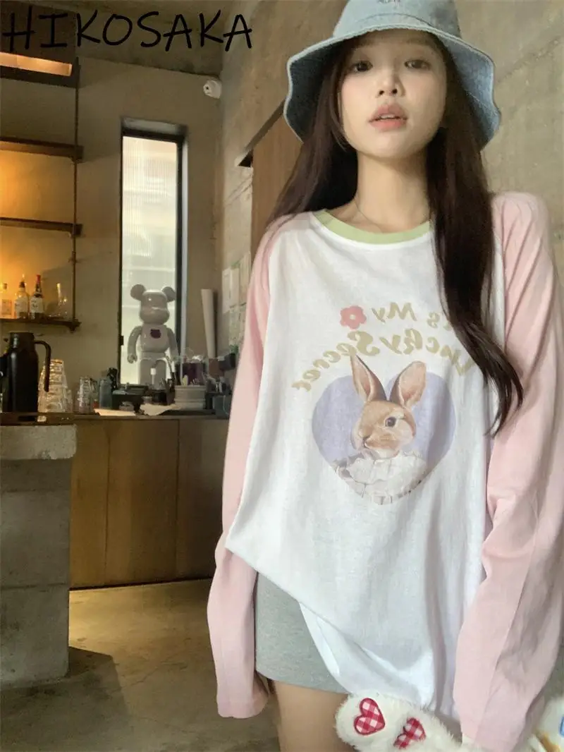 Korean Chic Sweet Loose Long Sleeve Tshirts Contrast Color Patchwork Cartoon Printed Graphic Tee Shirts Y2k Aesthetic E-girl Top