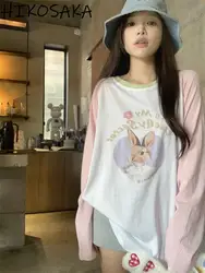 Korean Chic Sweet Loose Long Sleeve Tshirts Contrast Color Patchwork Cartoon Printed Graphic Tee Shirts Y2k Aesthetic E-girl Top