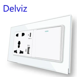 Delviz 16A Wall Light Switch, Type C Interface Socket, 18W 4A Smart Quick Charge,Crystal glass panel, Universal USB Power Outlet