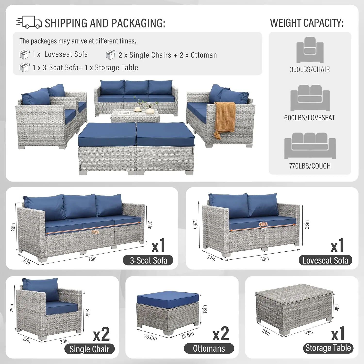 Grey PE Wicker Patio Furniture Set 7 Piece Outdoor Sectional Sofa with Storage Coffee Table & Anti-Slip Cushion, Customized
