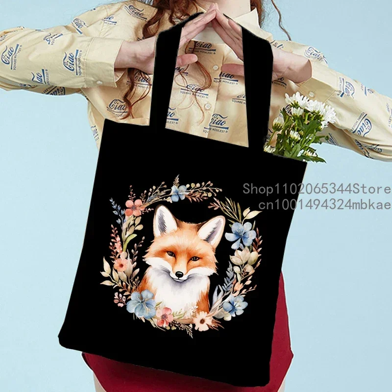 Watercolor Animals Print Shoulder Bag Women Men Cartoon Fox Tote Bags Casual Large-capacity Teen Shopping Bag Canvas Handbag