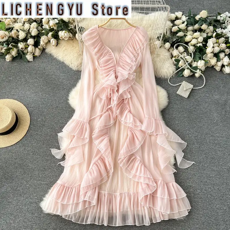 

New Ruffles Chiffon Flare Long Sleeve High Waist A-line Vestidos Sweet Style Chic Women's Dress Winter Spring