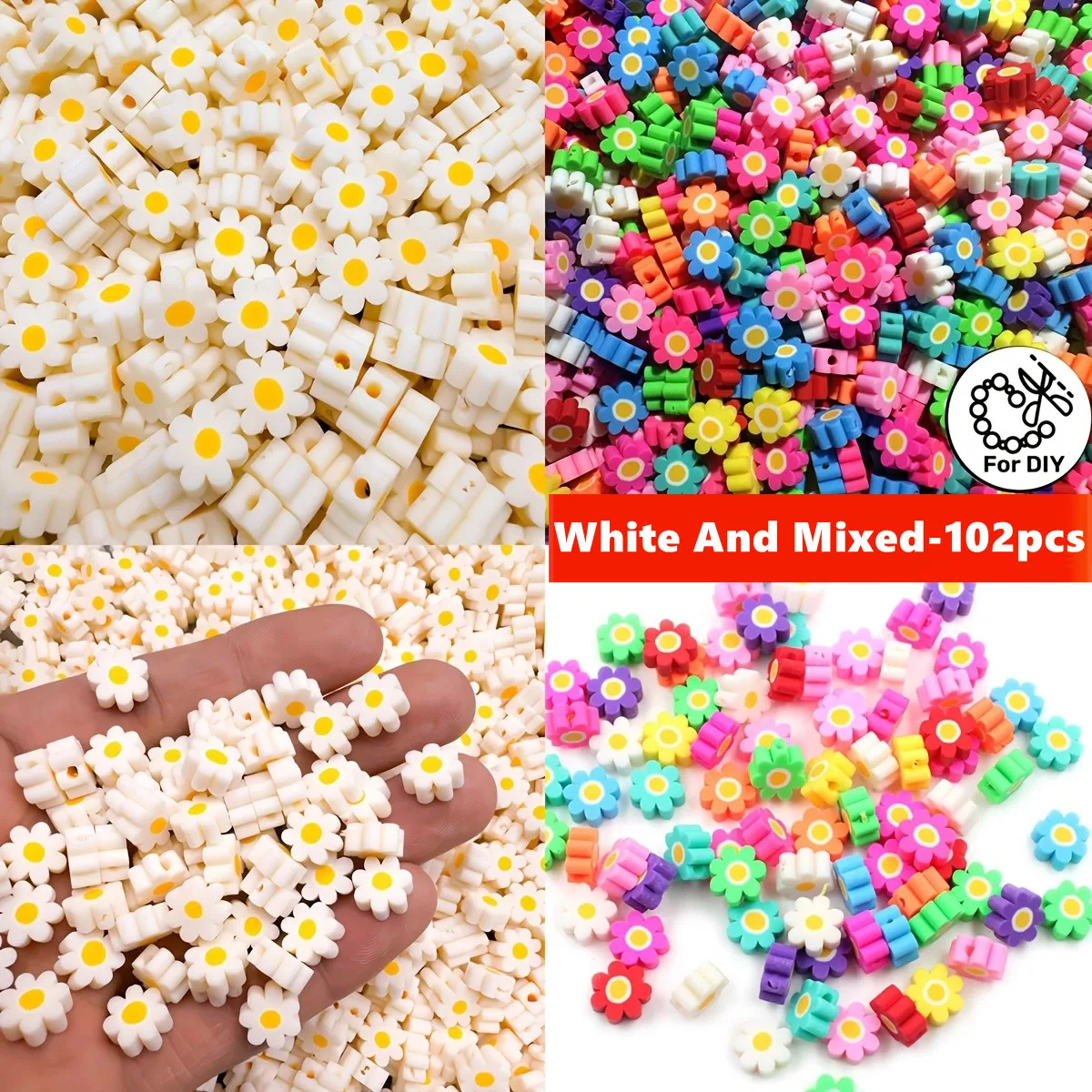 102pcs 9mm Polymer Clay White And Mixed Flower Patterns For DIY Making