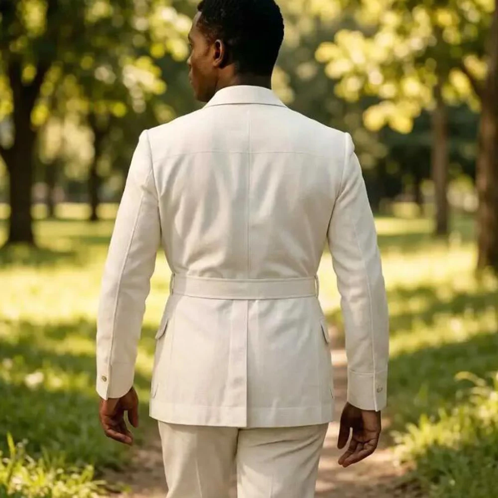 Linen Suits Men 2 Piece Notched Lapel Prom Suit With Belt Gold Buttons Multi Pockets Beach Summer Safari Style Wedding Tuxedo
