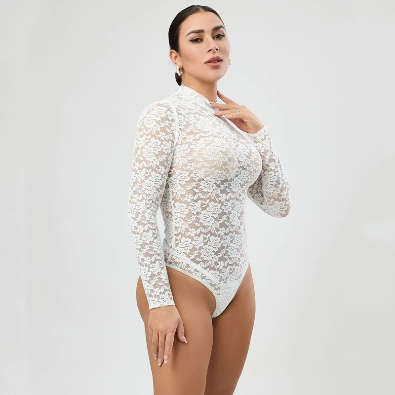 BornToGirl مثير ارتداءها النساء أسود أبيض Bodycon كم طويل قطعة واحدة سليم الدانتيل داخلية بذلة القمم بدلة للجسم Y2K