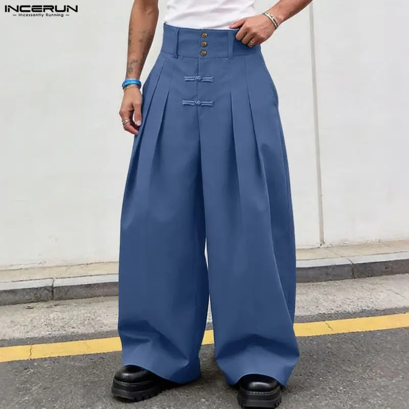 INCERUN Herrenhose, einfarbig, mit Knöpfen, hohe Taille, Jogginghose, weites Bein, Streetwear, Vintage, Oversize, Freizeithose für Herren
