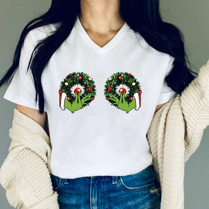

New Women T-shirt Funny Christmas Graphic Loose Female Trending Clothing Fashion Short Sleeve Shirt Women Xmas V-Neck Tshirt