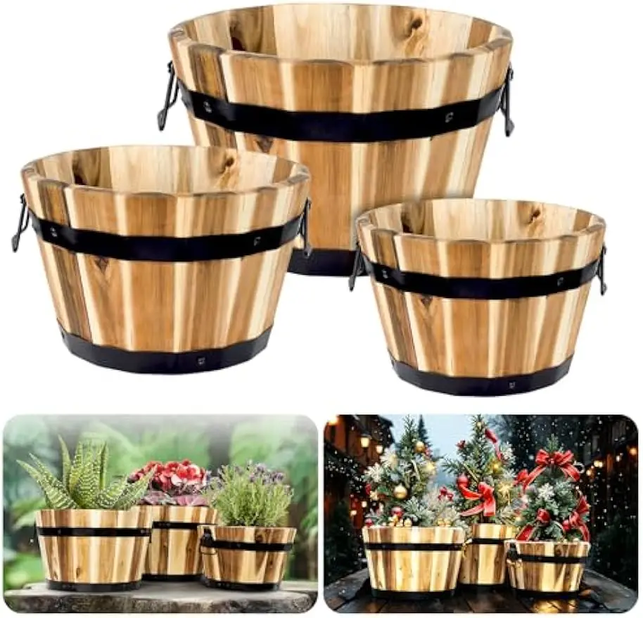 

Набор из 3-х деревянных цветочных коробок, прочные горшки из акации с ручками и дренажными отверстиями для наружного декора