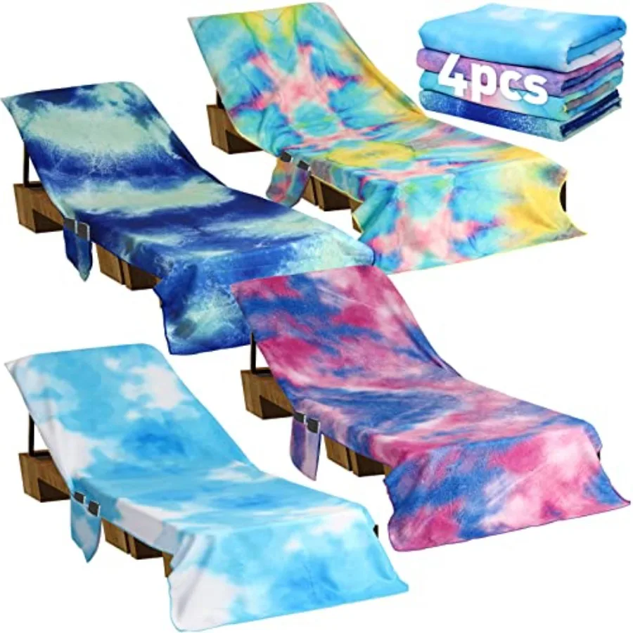 4 Pcs Lounge Chair Towel Cover Beach Chair Cover with Side Pockets 82.3 x 29.5 Inch Pool Tie Dye Microfiber Chaise Lounge Towel