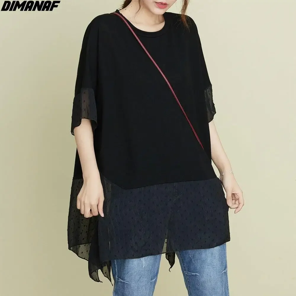 DIMANAF Plus Size Women Blouse T-Shirt  Summer Patchwork Oversize O-Neck Loose Short Sleeve Casual Lady Tops Tees Black