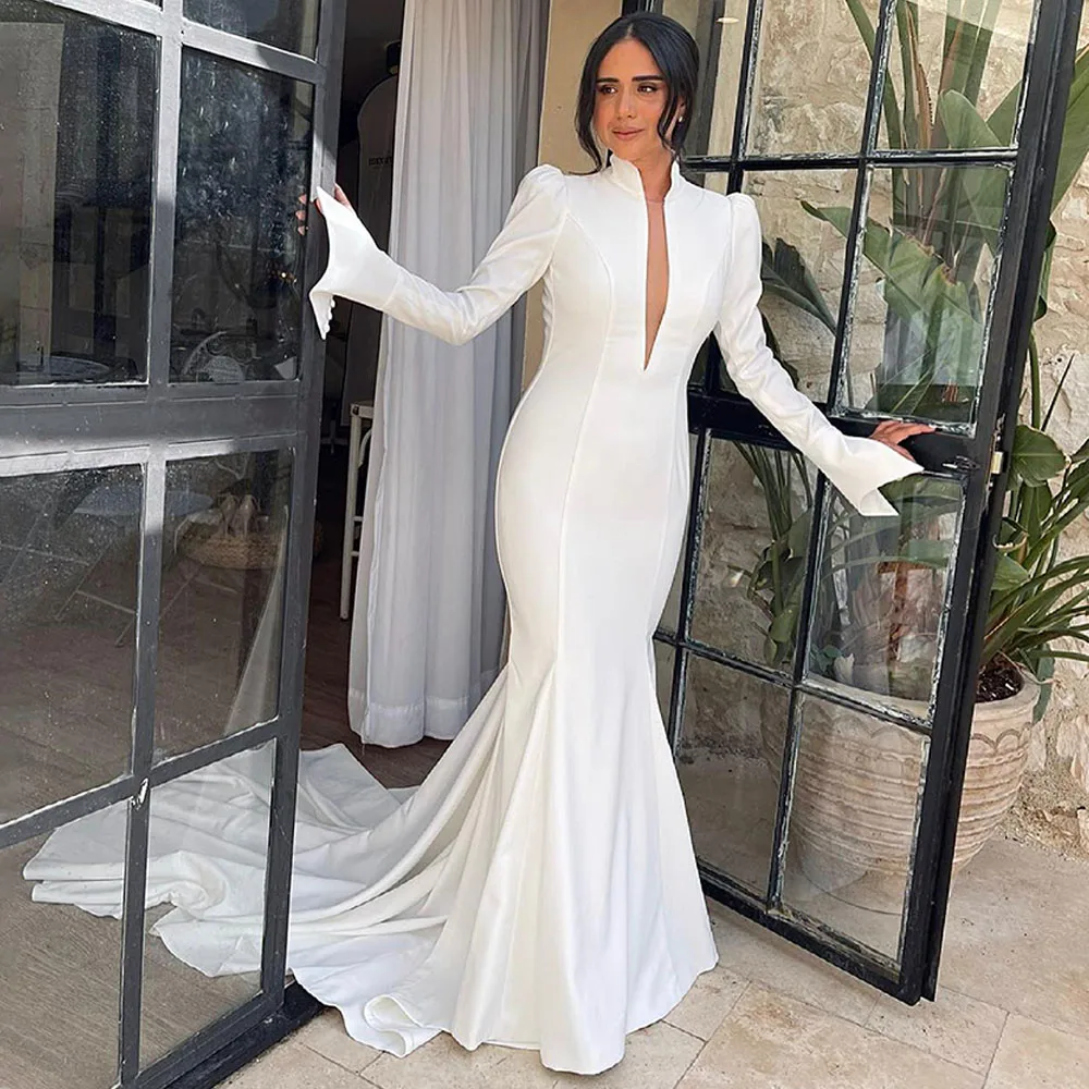 Mermaid Wedding Dress White Long Sleeves Deep V Neck Trumpet Wedding Gowns for Women 2023 Bride Court Train Simple Bridal Dress