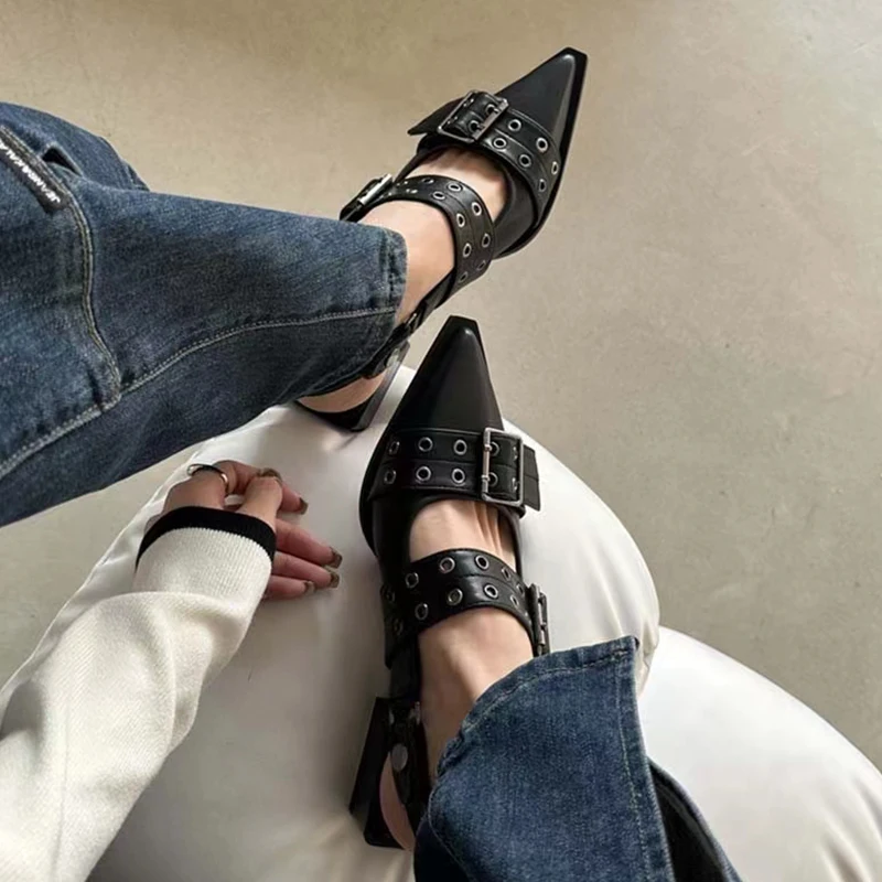 2024 New Women Chunky Sandals Summer Mary Jane Shoes Fashion Mid Heels Pointed Toe Brand Casual Shoes Mujer Slippers Zapatos