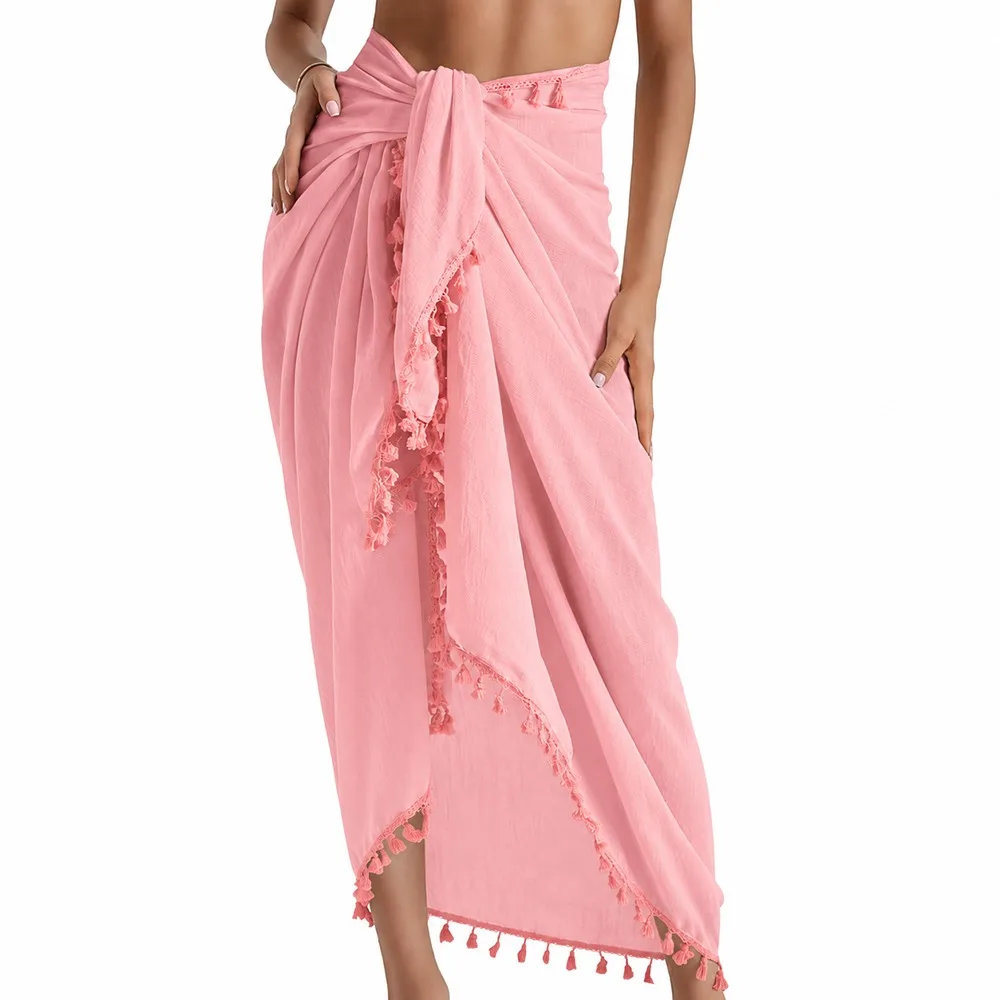Solid Color Beach Wrap Skirt Quick Drying Tassel Trim Sarong Beach Towel Sheer Design Knot Side Swimsuit Cover Up
