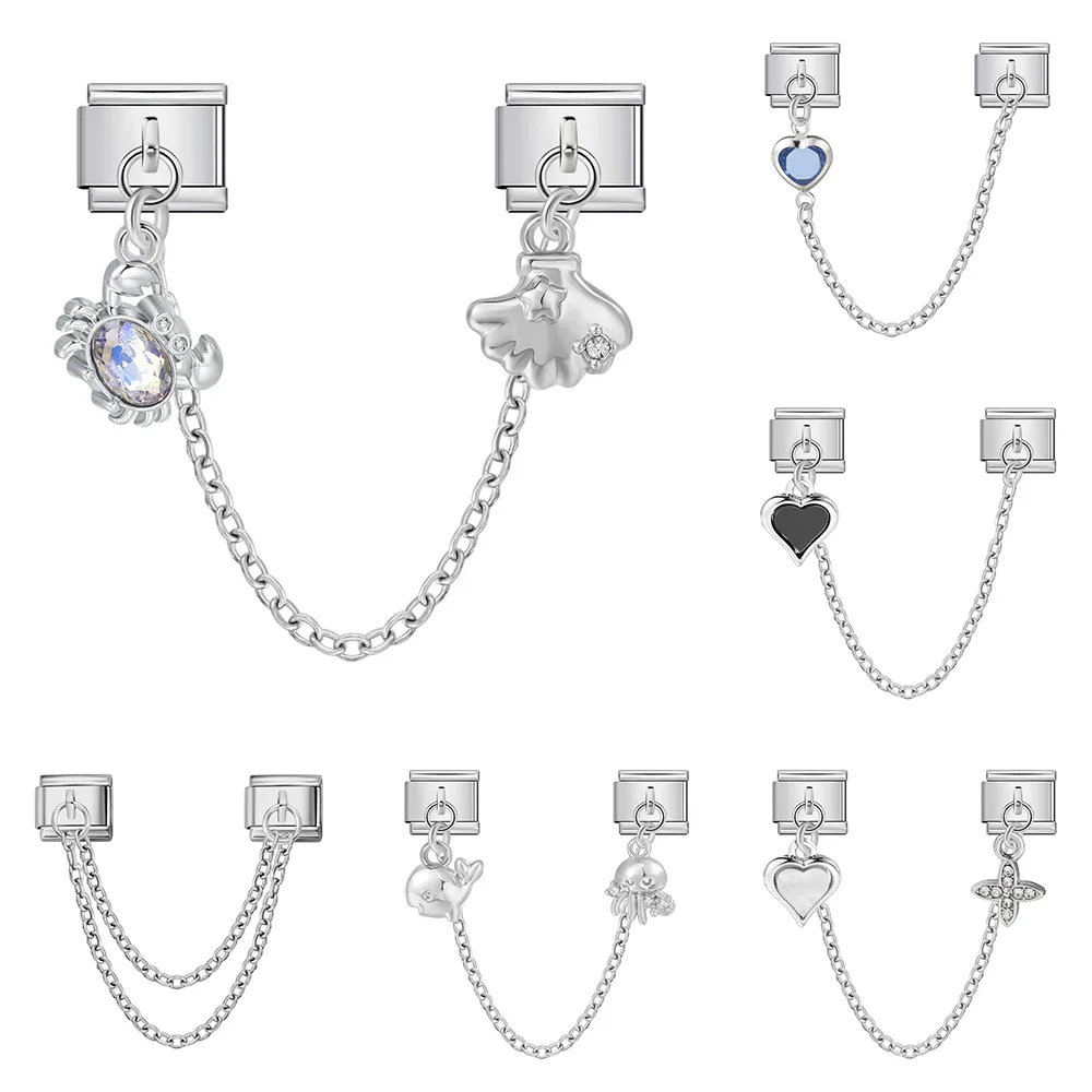 Niedlicher Herz-, Krabben-, Muschel-, Wal- und Oktopus-Anhänger mit Kette, italienischer Charm-Anhänger, passend für 9mm Edelstahlarmband, DIY-Schmuckherstellung. – Detail 1