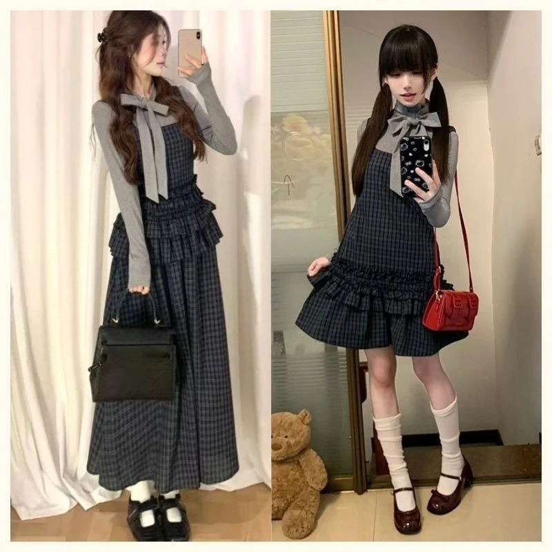 

Японское платье Y2k в консервативном стиле из двух предметов, женский повседневный топ с длинным рукавом и бантом + клетчатое платье, милые милые наряды Kawaii, шикарная осень