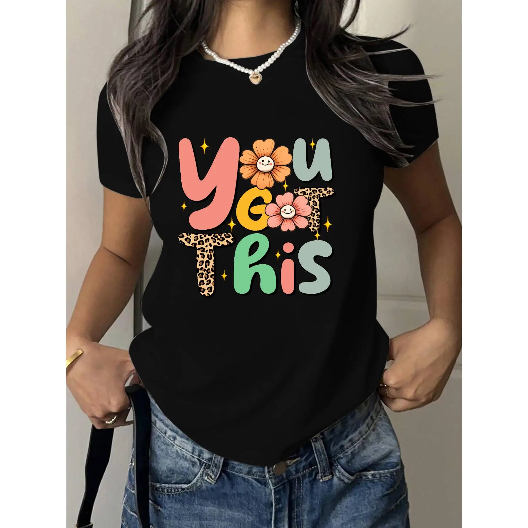 

T - Shirt With “YOU GOT THIS” Colorful Floral - Leopard Text, A Motivational - Boost Tee