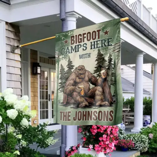 Personalized Bigfoot Camps Here With Us Flag, Funny Bigfoot Camping Camper Flag ZZU WWL IIC