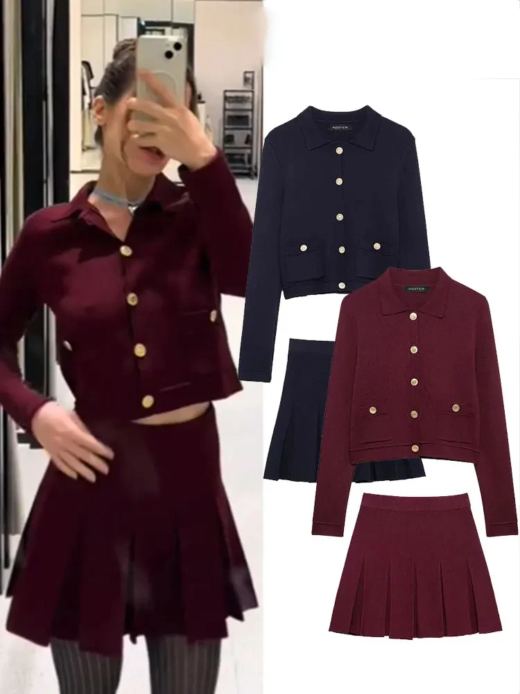 

HH Women's Fashionable Wide Pleated High Waist Stretch Knitted Mini Skirt Suit Retro Metal Breasted Slim Jacket 2-piece Set