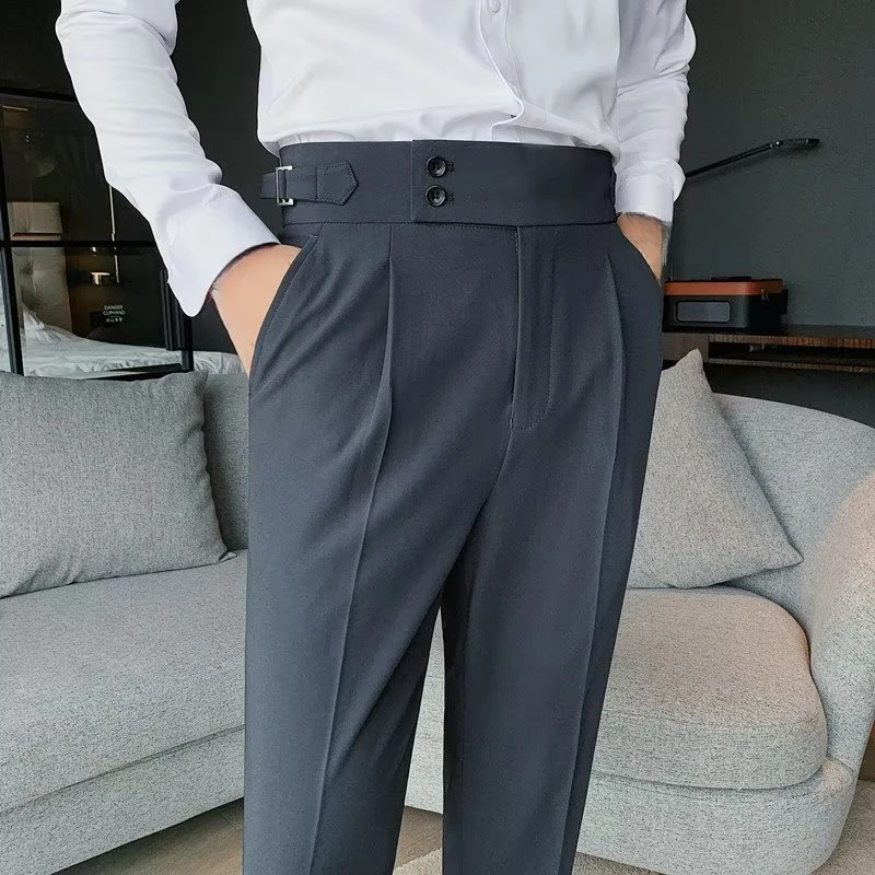 2026 Spring Summer Men White High Waist Straight Pants, Double Buckle Belt Slim Fit Korean Style Business Casual Trousers view 2