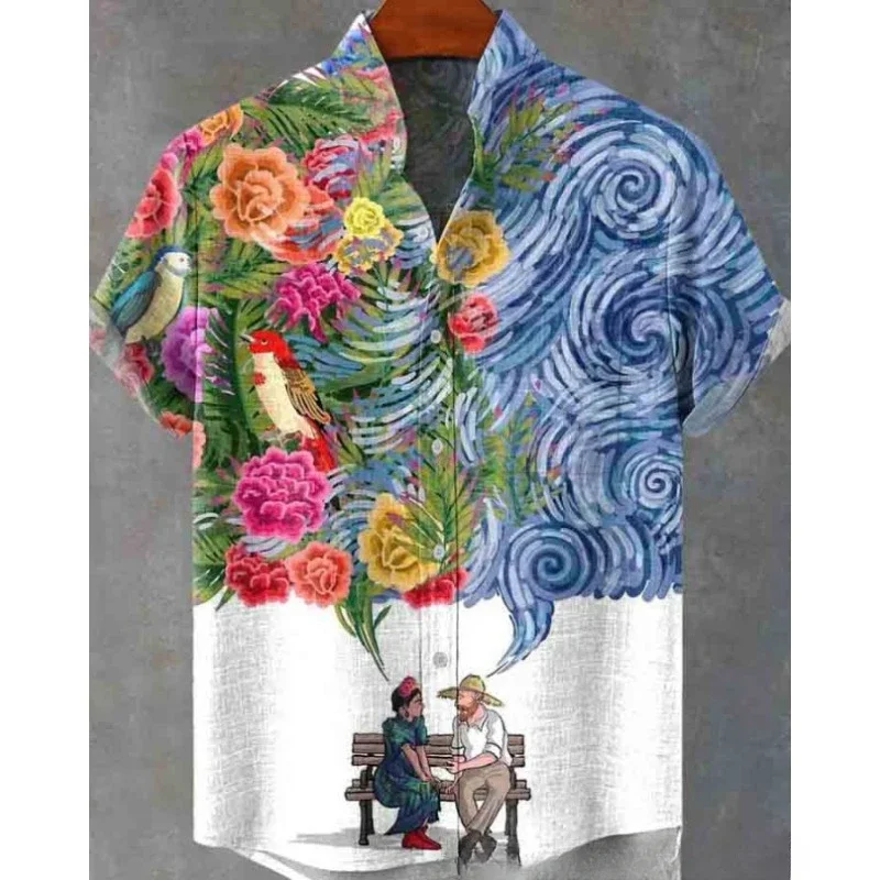 Men's Vintage Sunflower Art Print Casual Shirt Harajuku Short Sleeve Pockets Streetwear Hipster Button Down Shirts Men Clothing