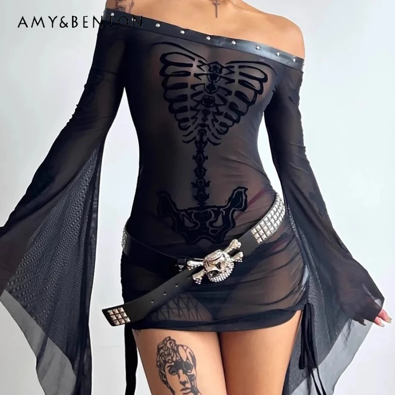

Gothic Dark Sexy Mesh See-through Flocked Printed Women's Dress New Design Black Off-shoulder Flared Sleeve Tube Dresses Ladies