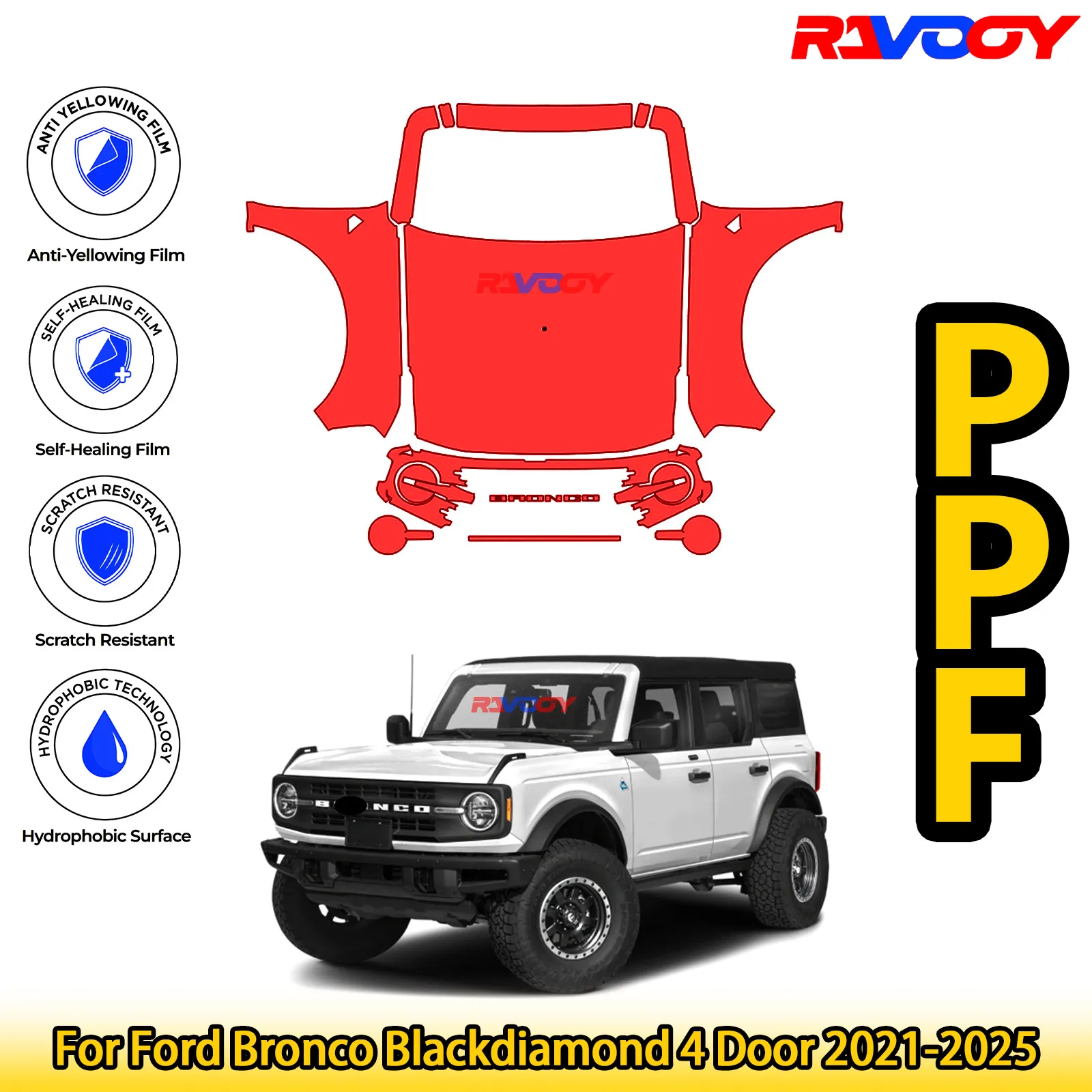 

Для Ford Bronco Blackdiamond 4-дверный 2021-2025 глянцевый матовый черный предварительно вырезанный передний комплект PPF защитная пленка для краски