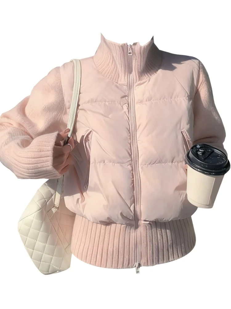 

Cute Style Knitted Short Coat Winter New Cotton Patchwork Women's Top Warm Cotton Clothes Stand Collar Korean Version Long Sl...