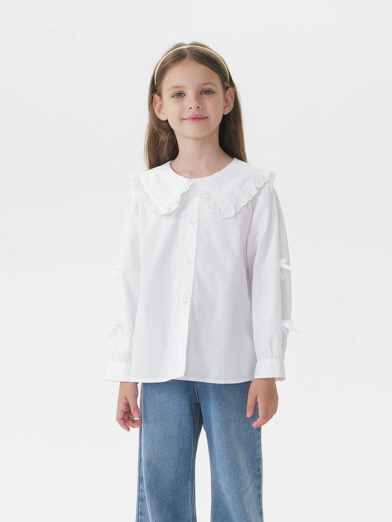 

MARC & JANIE Big Kids Girl Sweet Lace Collar Bowknot Cotton Long Sleeves Shirt Top 551671