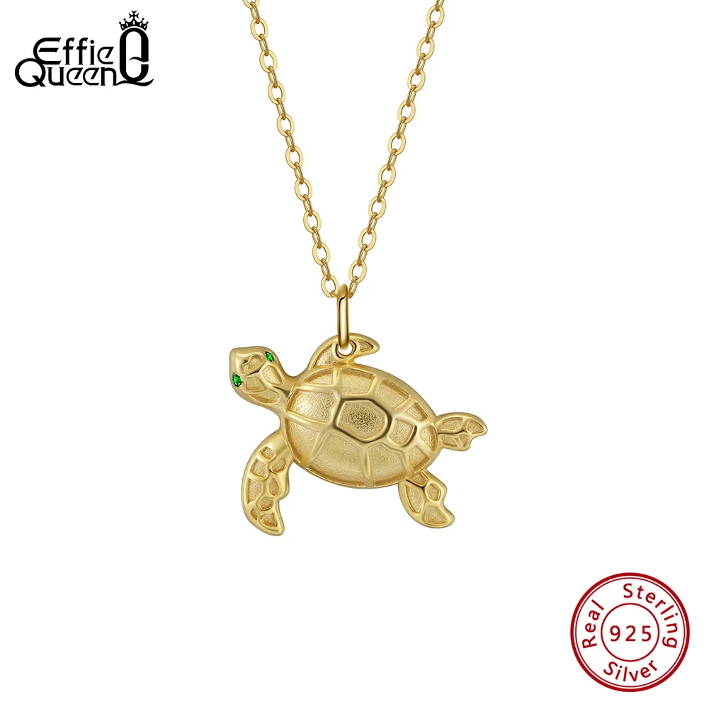 EFFIE QUEEN 925 Sterling Silver 14K Gold Pendant Necklace Cable Chain With Green Cubic Zirconia Turtle Style Animal Series SN352