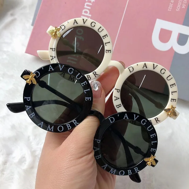 Children Small Frame Circle Sunglasses Girls' Decorative Letters Fashion Sun Glasses Boys Shading  Eyewear UV400 Oculos De Sol