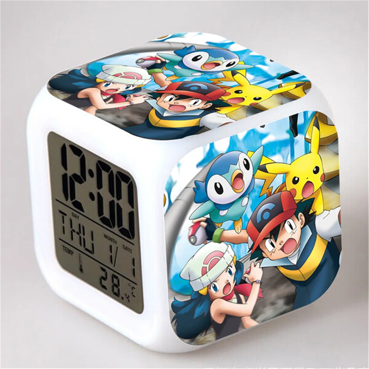 Anime Pokemon Pikachu Alarm Clock Cartoon Colorful Squirtle Ash Ketchum Moltres Figure LED Desk Decor Clock Kids Toys